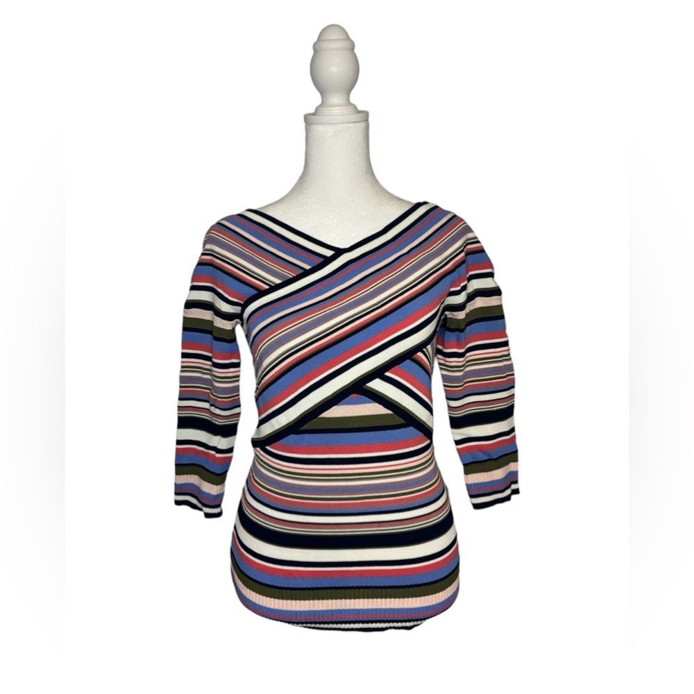 New York & Company 7th Avenue 3/4 Sleeve Striped Multicolor V Neck Sweater
